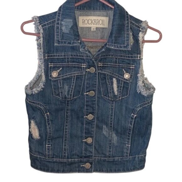 Rock & Roll Cowgirl Womens Denim Vest S Distressed Sleeveless Western Style With - Picture 1 of 11